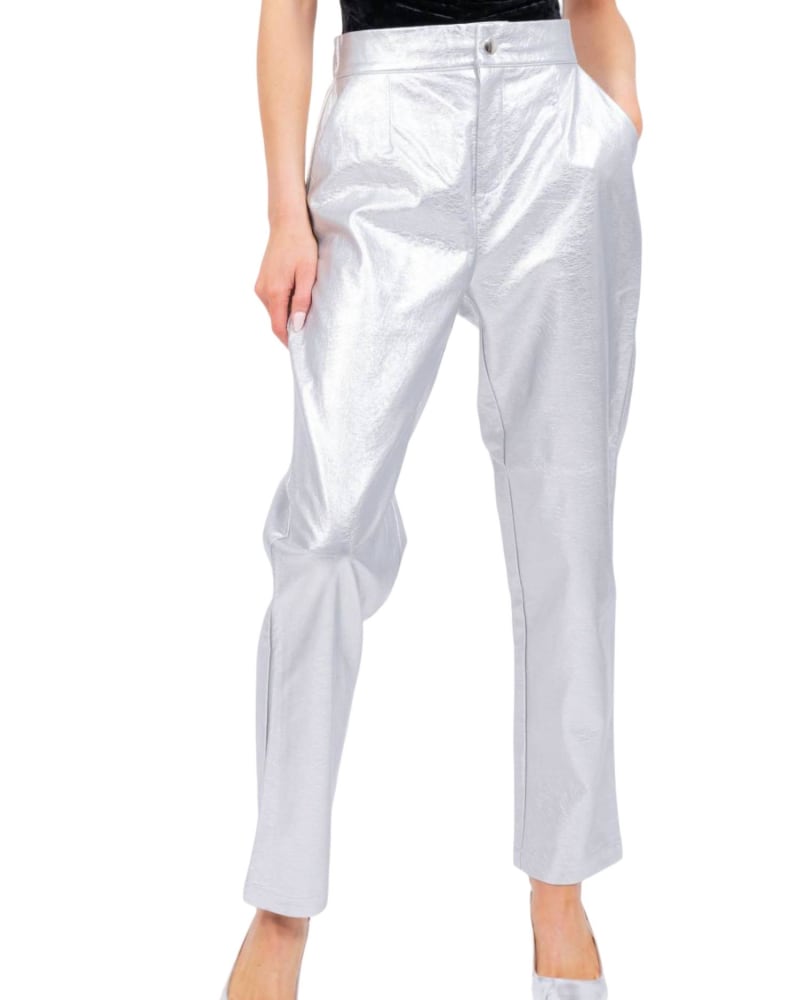 Front of a model wearing a size L Phoebe Metallic Pants In Silver in Silver by Central Park West. | dia_product_style_image_id:347764